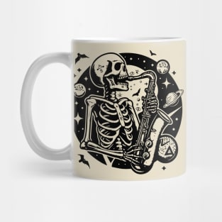 skeleton playing the saxophone Mug